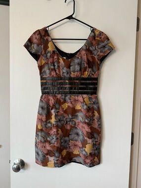 Burlapp Autumn Floral Silk Dress w/ Faux Leather Banded Waist - XS